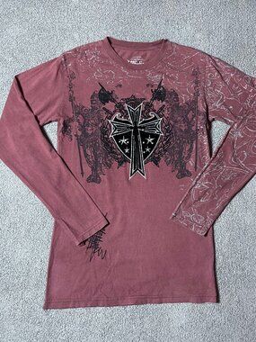 Affliction Long Sleeve Shirt Felt Cross Graphic Shield Unisex Size Small